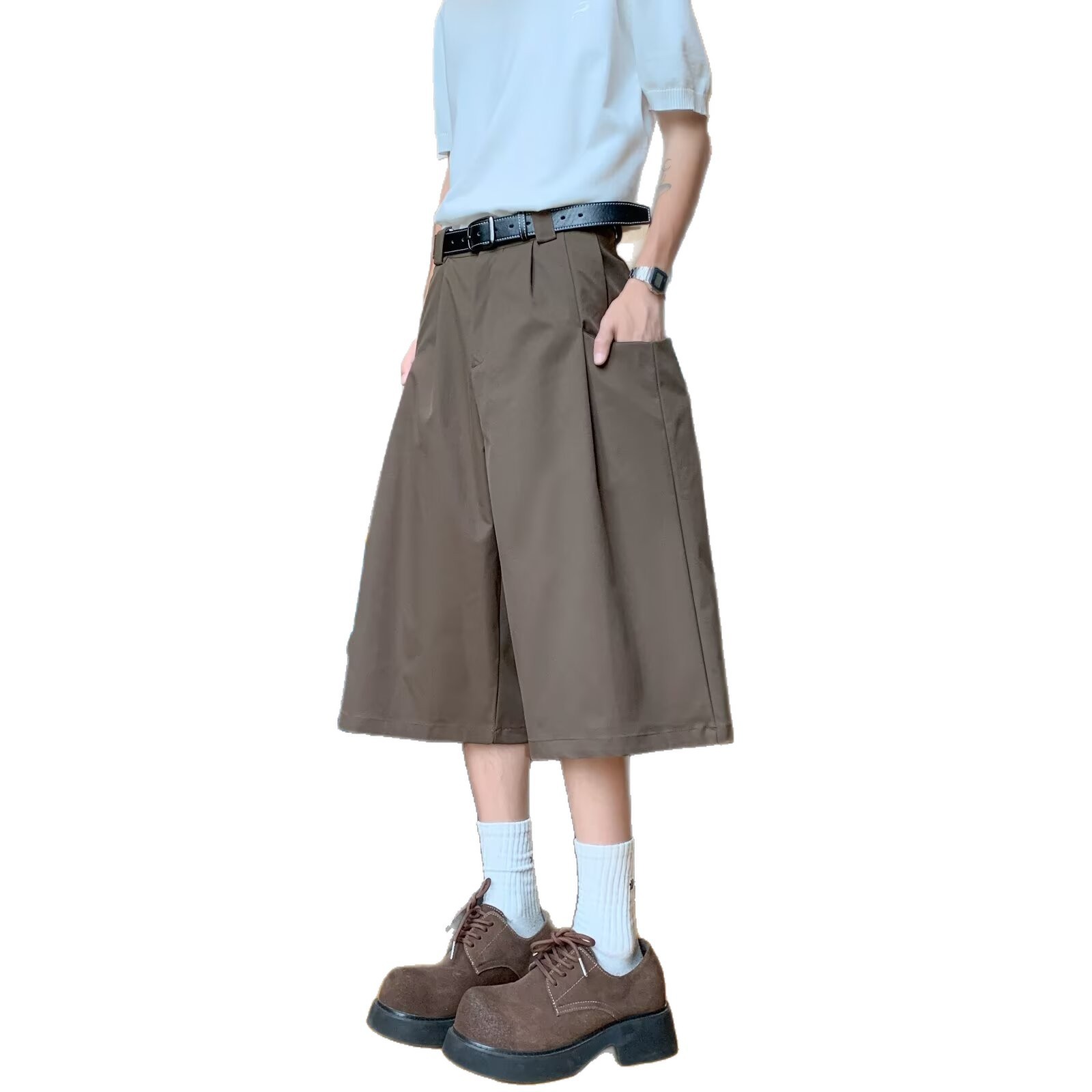 夏季日系复古咖啡色休闲西裤七分裤男女宽松设计感直筒裤阔腿裤潮图5