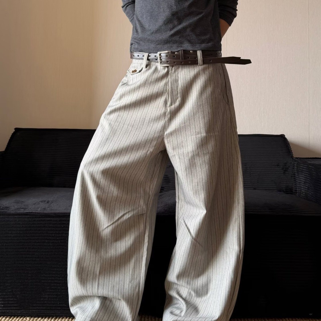 2026春秋美式复古老钱风竹节绑带垂感西装裤男宽松直筒小众休闲裤图2
