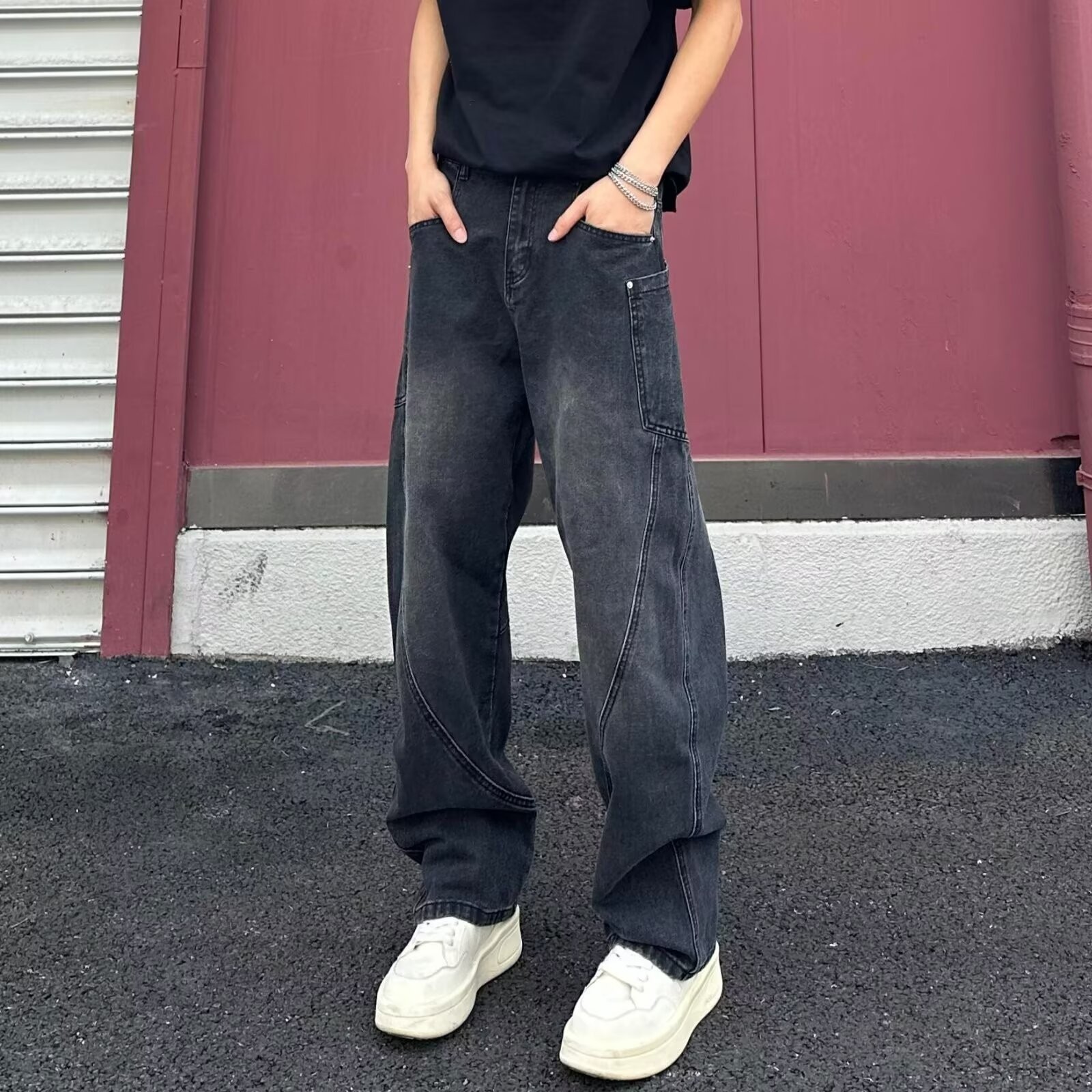 美式高街弯刀牛仔裤男款春秋潮牌痞帅炸街裤子cleanfit直筒微喇裤图4