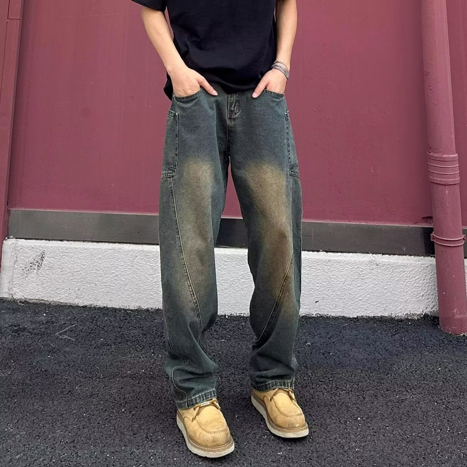 美式高街弯刀牛仔裤男款春秋潮牌痞帅炸街裤子cleanfit直筒微喇裤图3