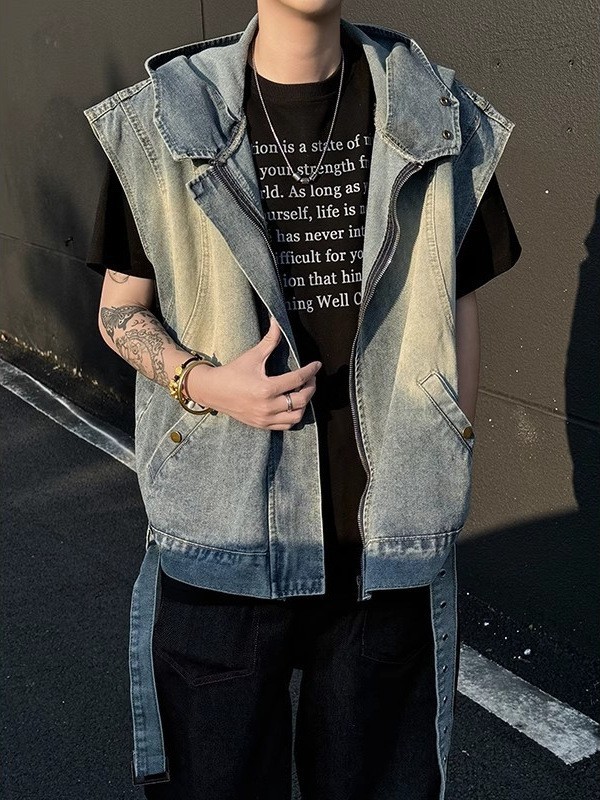 做旧水洗牛仔无袖坎肩马甲男生美式复古连帽工装解构拼接背心外套图4
