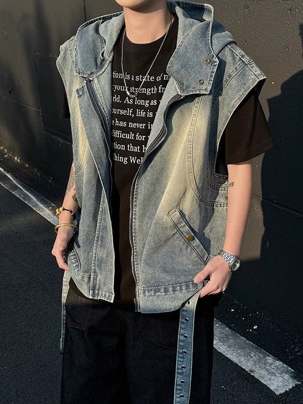 做旧水洗牛仔无袖坎肩马甲男生美式复古连帽工装解构拼接背心外套图3