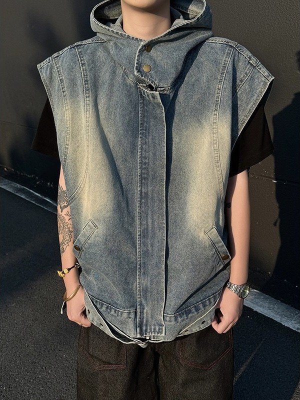 做旧水洗牛仔无袖坎肩马甲男生美式复古连帽工装解构拼接背心外套图2