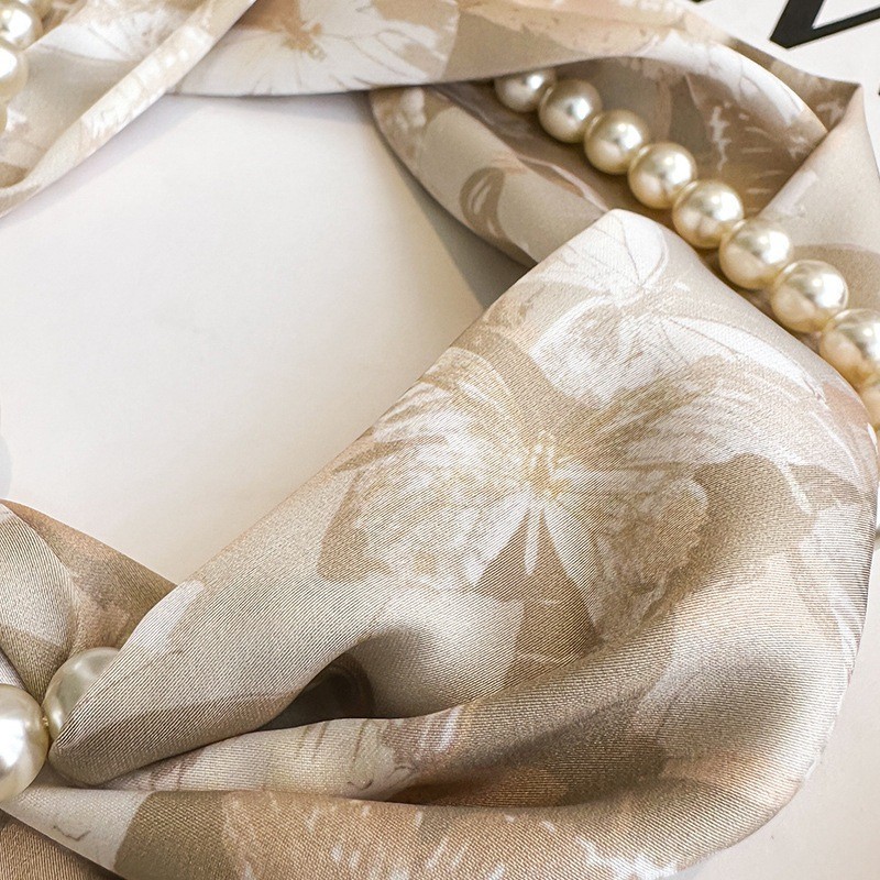 丝巾女磁吸扣珍珠项链妈妈护颈围脖搭配衬衫薄款时尚小长条围巾图4