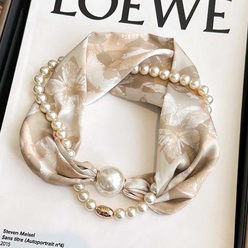 丝巾女磁吸扣珍珠项链妈妈护颈围脖搭配衬衫薄款时尚小长条围巾图3