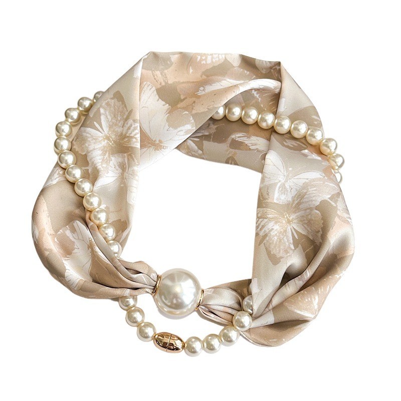 丝巾女磁吸扣珍珠项链妈妈护颈围脖搭配衬衫薄款时尚小长条围巾图5